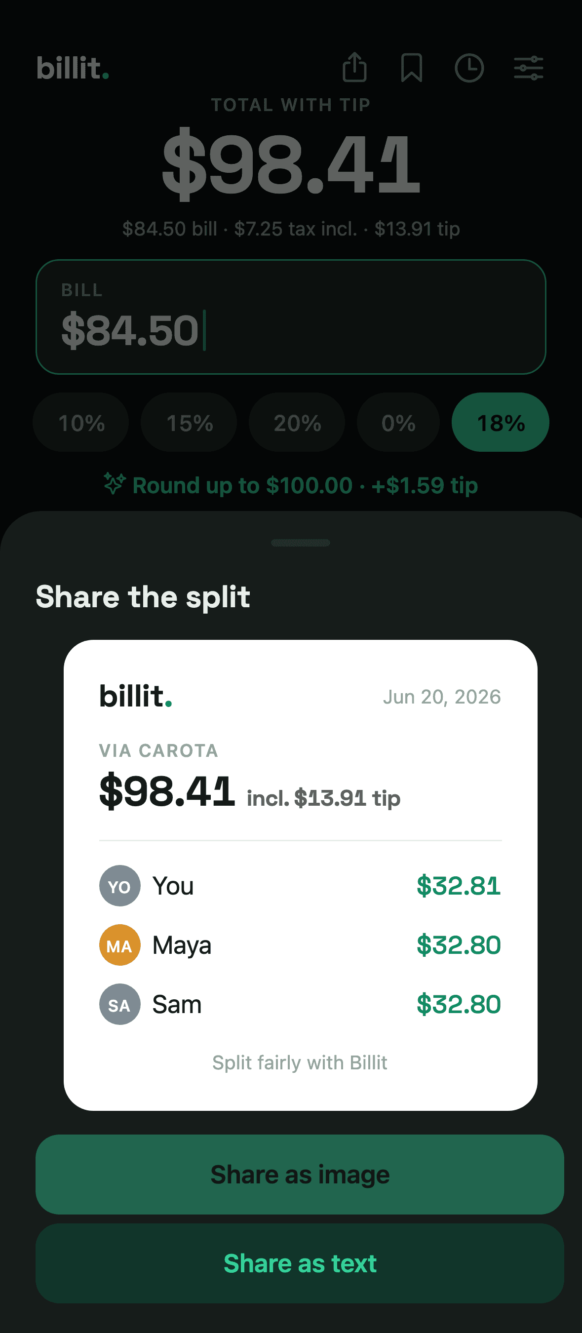 A billit share card showing who owes what, ready to send.