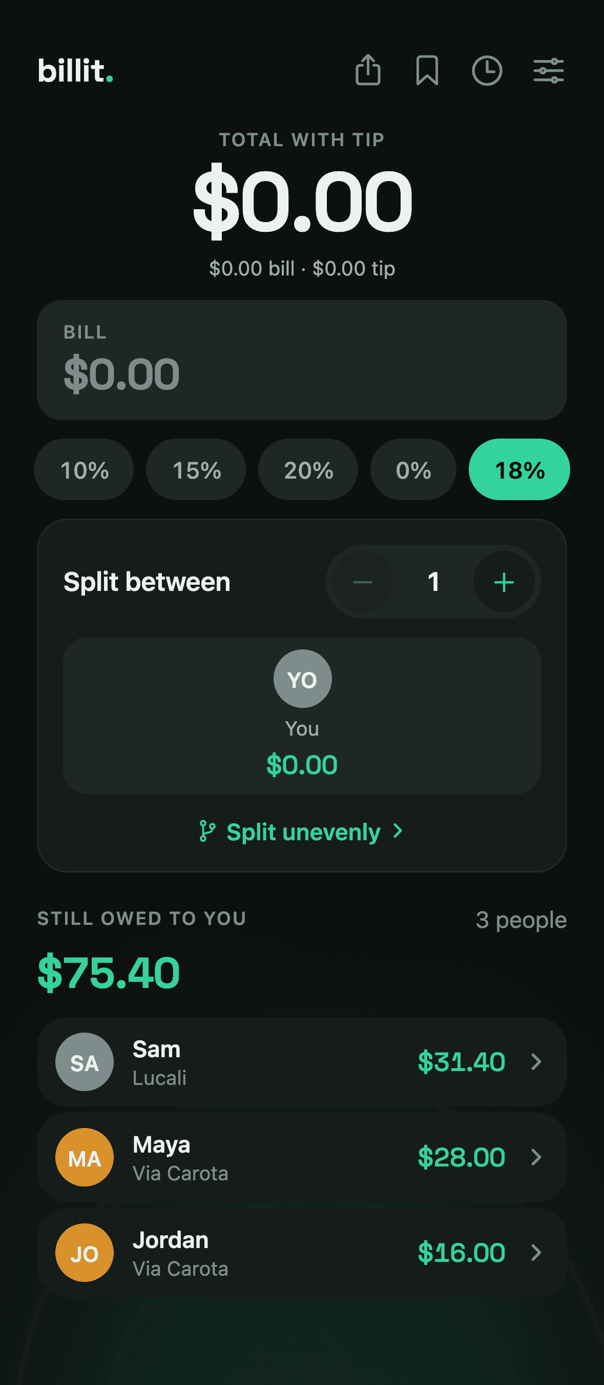 billit's running tab of friends who still owe you money.